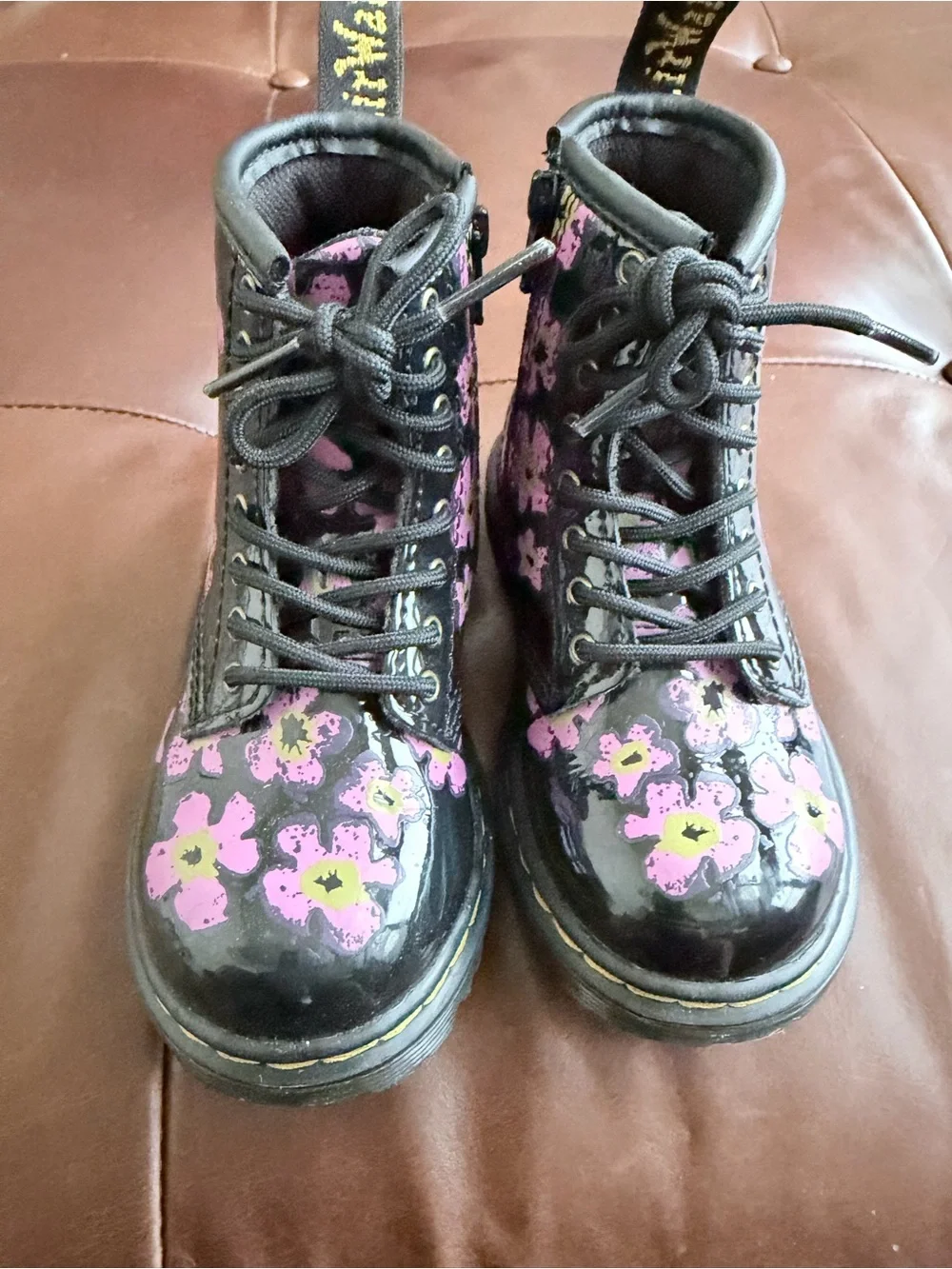 Dr. Martens Kids Black Lace-Up Boots with Pink Floral Print